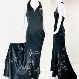 JOVANI Halter Long Black Bead Sequin Floral Dress